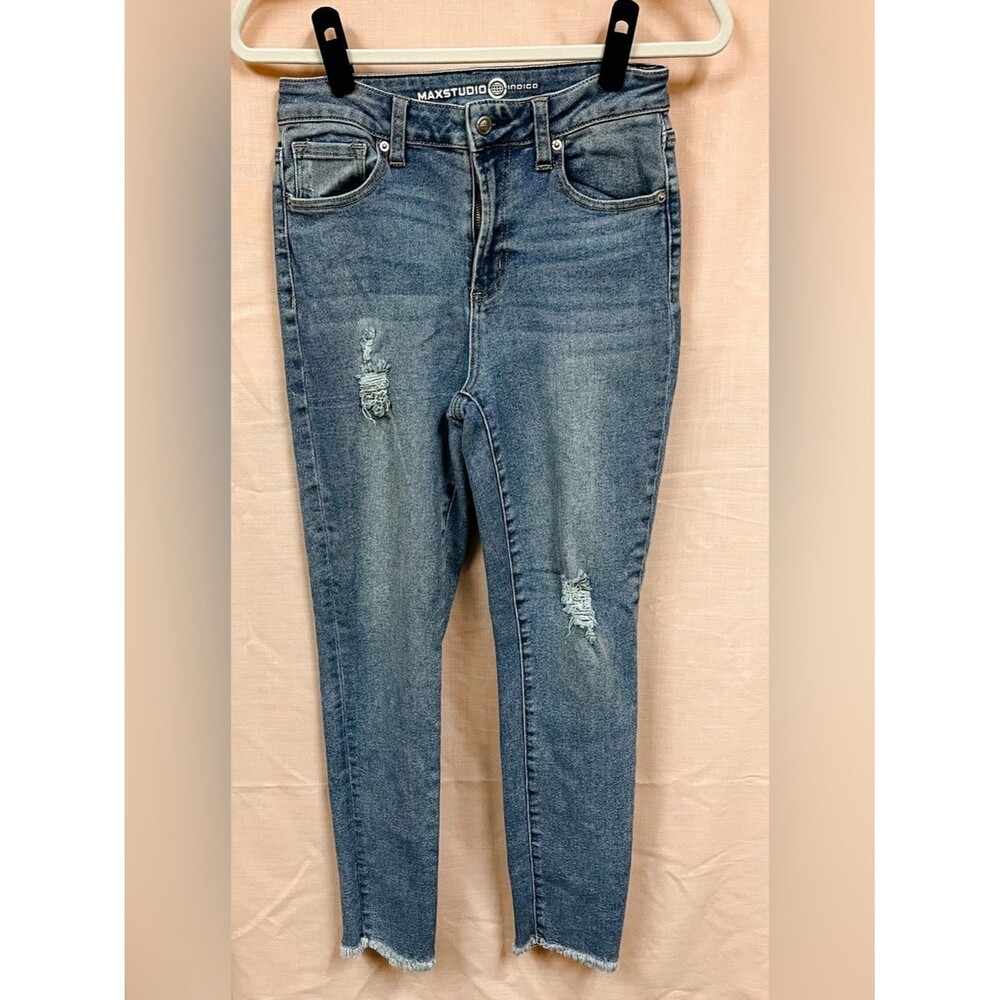 Max Studio Indigo Distressed High Rise Skinny Jeans - Light Wash Blue